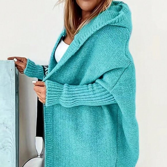 . Sweaters - Blue Casual Womens Batwing Sleeve Hooded Open Front Cardigan